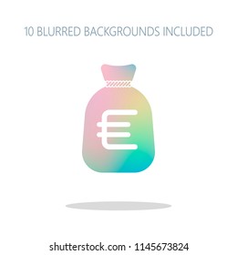 Money bag with euro. Full moneybag icon. Colorful logo concept with simple shadow on white. 10 different blurred backgrounds included