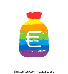 Money bag with euro. Full moneybag icon. Drawing sign with LGBT style, seven colors of rainbow (red, orange, yellow, green, blue, indigo, violet
