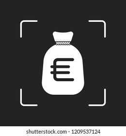 Money bag with euro. Full moneybag icon. White object in camera autofocus on dark background