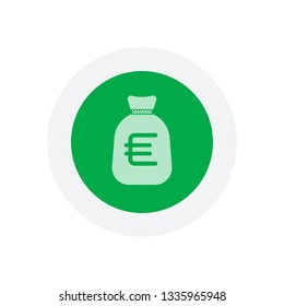 Money bag with euro. Full moneybag icon. Icon in colored circle with gray bold border. Web button, modern flat design