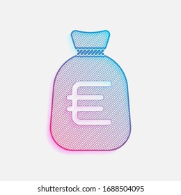 Money bag with euro. Full moneybag icon. Technology logo with diagonal lines and colored gradient. Neon graphic, light effect. Blue and red colors