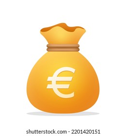 Money bag with Euro sign. Cash, money savings, business and finance element, stack of money, payment and investment concept. 3d vector currency icon.