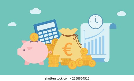 Money bag with Euros, piggy bank and histogram isolated on blue background. Investment and finance vector illustration.