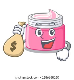 With money bag face cream on wooden cartoon table