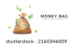 Money bag with falling gold coins and green banknotes in cartoon realistic style. 3d design money element for banner or poster. Vector illustration 