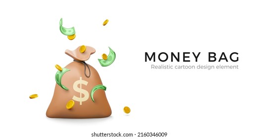Money bag and falling gold coins   green banknotes in cartoon realistic style  3d design money element for banner poster  Vector illustration 