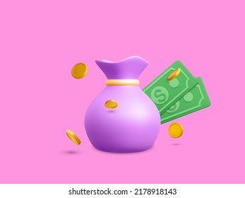 Bolsa de dinero con monedas de oro cayendo y moneda verde al estilo de las caricaturas. 3d objeto de dinero realista para afiche o pancarta. Ilustración del vector