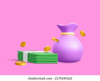 Money bag with falling gold coins and green currency stack in cartoon style. 3d realistic money object for poster or banner. Vector illustration