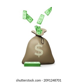 Money bag with falling paper currency in cartoon style. Financial services or cash back concept. Return on investment. Vector illustration