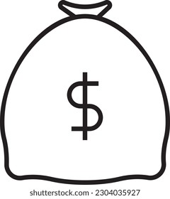 Money Bag Finance icon with black outline style. wealth, bank, investment, sack, coin, earning, save. Vector illustration