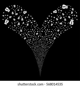 Money Bag fireworks stream. Vector illustration style is flat white iconic symbols on a black background. Object double fountain constructed from random design elements.