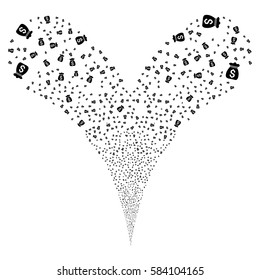 Money Bag fireworks stream. Vector illustration style is flat black iconic symbols on a white background. Object double fountain constructed from random icons.