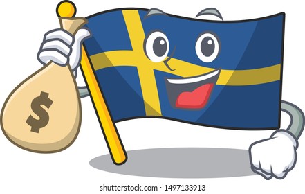 With money bag flag sweden character hoisted in cartoon pole