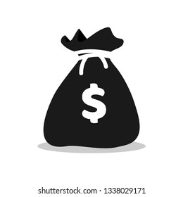 Money bag flat black icon. Moneybag simple cartoon infographics isolated on white background. Vector illustration.