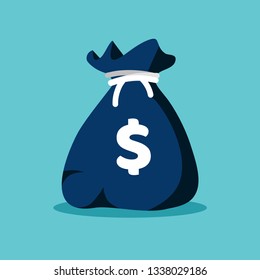 Money bag flat icon. Moneybag simple cartoon infographics isolated on blue background. Vector illustration.