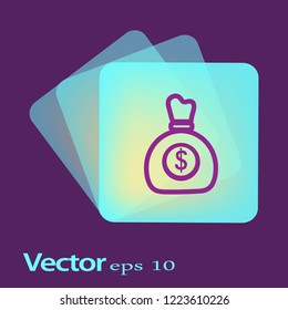 Bolsa de dinero icono plano pictograma vector aislado, saco negro y blanco con dólares, mochila de caricatura