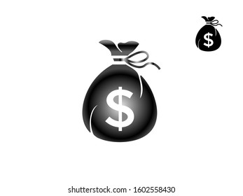 Money bag flat icon vector pictogram isolated, black and white sack with dollars, cartoon moneybag