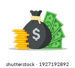 Money bag flat illustration. Dollars and gold coins stack. Wealth and banking icon. Isolated on white