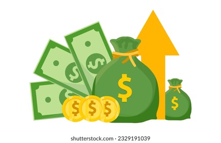 Money bag flat illustration. Dollars and gold coins stack. Wealth and banking icon, finance. Isolated on white