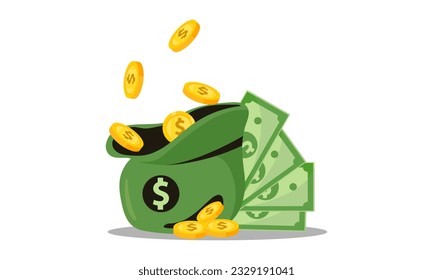 Money bag flat illustration. Dollars and gold coins stack. Wealth and banking icon, finance. Isolated on white