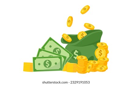 Money bag flat illustration. Dollars and gold coins stack. Wealth and banking icon, finance. Isolated on white