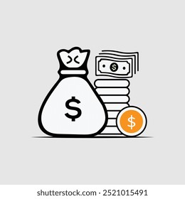 Money bag flat illustration. Dollars and gold coins stack. Wealth and banking icon