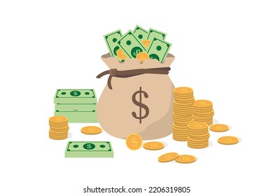 Money. Money bag flat style. Cash money and gold coins. Dollars banknotes. Stacked money, green dollar cash and gold coins. Objects isolated on a white background