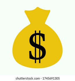 Icono vectorial plano de bolsa de dinero, ilustración de caricatura simple y llana de bolso de dinero con cordón negro y signo de dólar aislado en fondo blanco