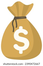Icono vectorial plano de bolsa de dinero con símbolo de dólar aislado en fondo blanco.