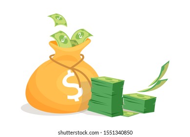 Money bag flat vector illustration. Sack with dollar banknote isolated clipart on white background. Lottery victory, jackpot prize. Bribery and corruption concept. Opened moneybag with cash