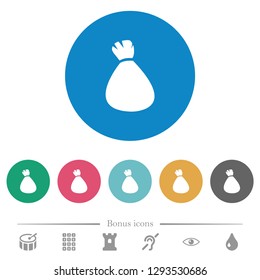 Money bag flat white icons on round color backgrounds. 6 bonus icons included.