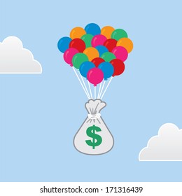 Money bag floating through the sky on balloons 