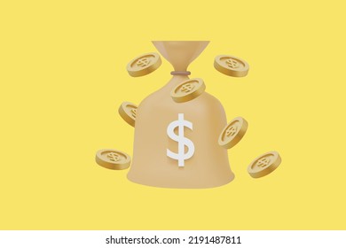 Money bag with fulling gold coin in cartoon realistic style. 3D render vector illustrations elements for banner on isolated background. Finance investments gold coin icon save cash dollars currency 