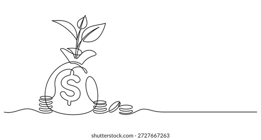 money bag fund coins stack one line drawing continuous handdrawn minimalist art budget planning growth with small tree concept