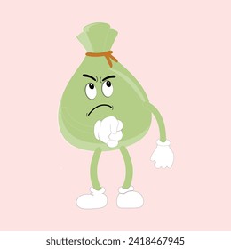Money bag funny cartoon illustration. Money bag set mascot of 70s groovy. Collection of cartoon,retro, groovy characters. Vector illustration.