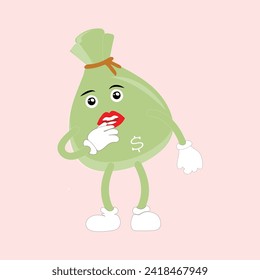 Money bag funny cartoon illustration. Money bag set mascot of 70s groovy. Collection of cartoon,retro, groovy characters. Vector illustration.