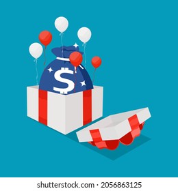 money bag in gift box with red ribbon. Special Bonus Reward Ideas