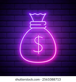 money bag glowing neon sign, icon for business, bank, illustration, picture.