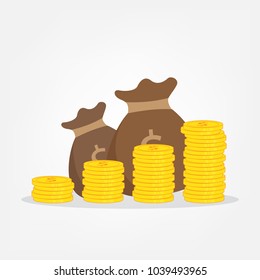 Money bag and gold coin stack finance concept.