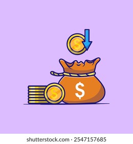 Money Bag With Gold Coins Cartoon Vector Illustration. Business And Finance Concept. Flat Cartoon Outline Style.