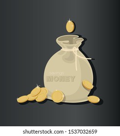 Money bag. Gold coins. Cash Bag. Sack of currency. Cartoons coins in the bag. Money saving and money bag icon design, vector illustration
