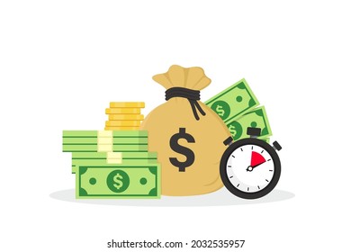 Money bag, gold coins, dollar banknotes and stopwatch in flat style. Quick credit. Fast money. Quick loan. Time is money concept. Business and finance. Vector illustration