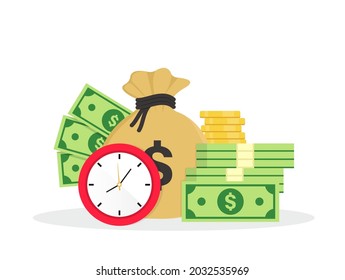 Money bag, gold coins, dollar banknotes and clock in flat style. Quick credit. Fast money. Quick loan. Time is money concept. Business and finance. Vector illustration