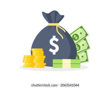 Money bag with gold coins and dollar banknotes. Bag of money with dollar sign. Bundles of banknotes and pile coins. Cash money. Wealth, budget, income and profit concept. Saving money.