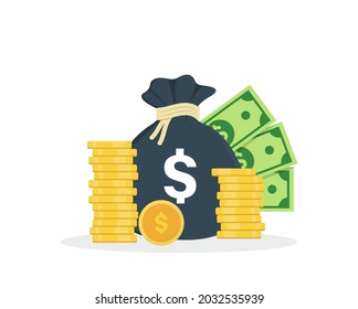 Money bag and gold coins on white background. Stack of dollar coins and banknotes. Wealth and banking icon. Dollar banknotes. Cash money. Budget, investment profit, money fund, income or value assets