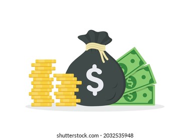 Money bag and gold coins on white background. Stack of dollar coins and banknotes. Wealth and banking icon. Dollar banknotes. Cash money. Budget, investment profit, money fund, income or value assets