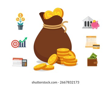 Bolsa de dinero con pila de monedas de oro. Ahorro de dinero. Concepto de éxito. Ilustración vectorial en estilo plano de moda aislado sobre fondo blanco.