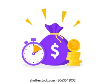 Money bag with gold coins and stopwatch. Time is money concept. Quick cash money. Wealth, budget, income and profit concept.