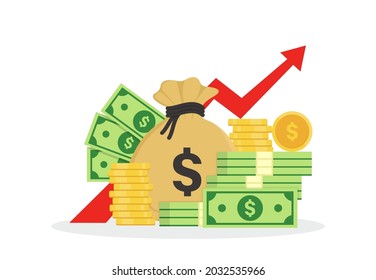 Money bag, gold coins and upward arrow graph growth. Concept of business success. Dollar coins and banknotes. Wealth and banking icon. Budget, investment profit, money fund, income. Capital gains.