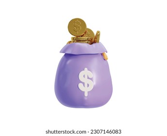 Money bag with golden coins stack isolated on light background money saving icon illustration